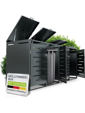 Mülltonnenbox Arel 4er - Metall Gartenbox für 120 BZW. 240l Mülltonnen - Aufbewahrungsbox abschließbar - Unterstand mit Dach & Gasdruckfeder - Anthrazit