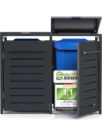 Mülltonnenbox für 2 Tonnen bis 240L - Stahlblech, Klappdach mit Gasheber, waagrechte Schlitze & Griff, Selbstmontage, RAL 7016